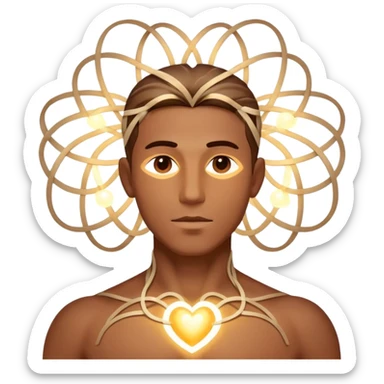 luminous male silhouette surrounded by flowing interconnected lines and softly glowing orbs with radiant core at head and heart sticker