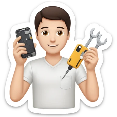 make a white guy with dark brown hair, with a simple white o grey shirt, repairing an iphone happy, tecnician with small real tools for phone sticker