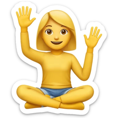 happy emoji face with crossed over legs, waving hand, simple and clear expression sticker