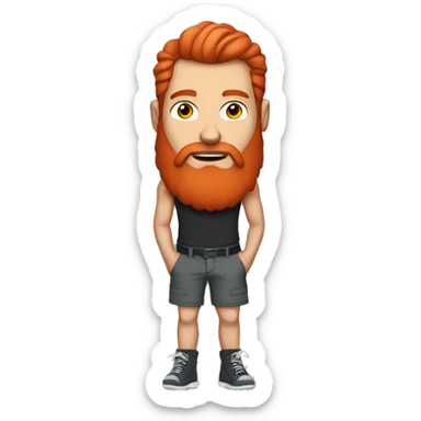 a man with long red hair, a red beard with a little gray in it, and a full body suit tattoo, wearing shorts and a tank top sticker