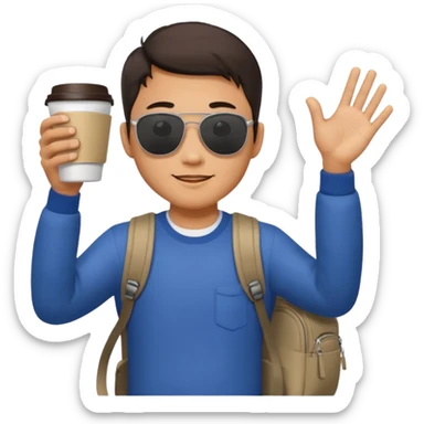 An asian man wearing sunglasses and carrying a backpack, holding a cup of coffee and waving his hand (in greeting) sticker