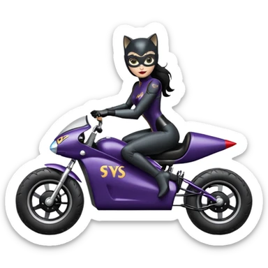full size real-appearance electric road racing sexy CatWoman’s feminine midnight-colored tight outfit sixty’s tv show dark stealthy accurate sporty safe plush deluxe off-road pursuit cruiser car jaguar accents (black hair,reclined and relaxed torso and shoulders seating position) go kart  sticker
