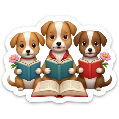 3 Dogs reading books + flowers  sticker