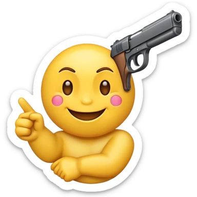 yellow emoji smiling hysterically pointing a gun forward sticker