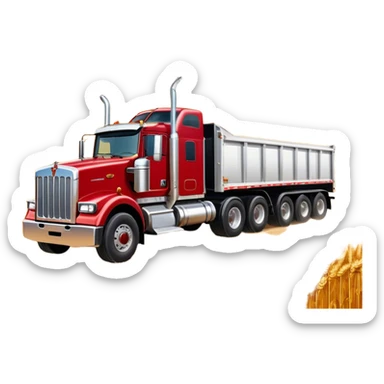 Kenworth T909 (2022) – Cinematic-realistic Kenworth T909 grain truck, its deep red cab gleaming under the scorching Australian sun. The massive trailer is filled to the brim with golden wheat, rolling down dusty farm roads, leaving a faint trail of chaff in its wake. sticker