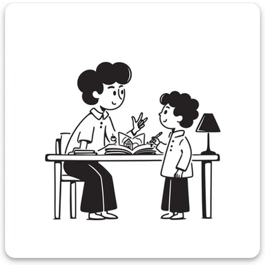 educator or speech therapist with child, who helps child with lessons sitting at the table sticker