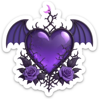 gothic heart made of purple glass with crescent moon with bat wings, black roses entwined with thorns, glowing lightning, pouring rain, shattered cracked glass texture sticker