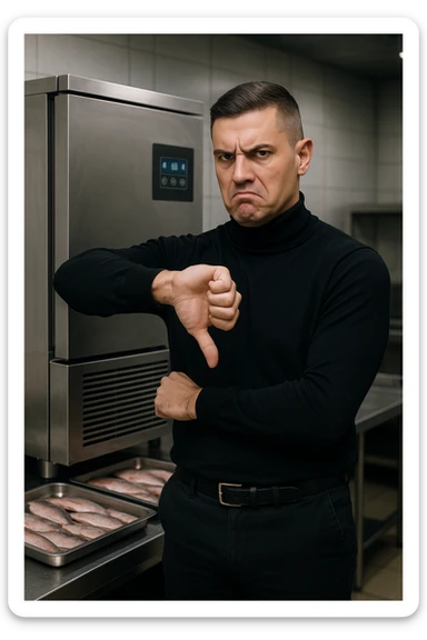 a man stands in front of a commercial fish blast freezer (abbattitore), arms crossed and a displeased, skeptical expression on his face. He shakes his head or gives a thumbs down, clearly rejecting the use of the freezer. The background shows a professional kitchen or fish processing area, with trays of fish ready for freezing. in italiano sticker