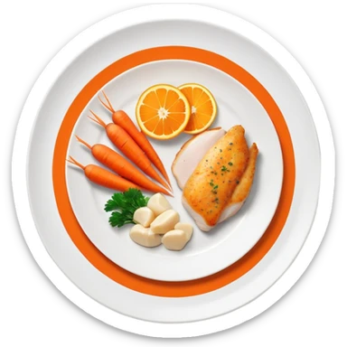 A plate with chicken, fish fillet, and bright orange carrots, with vitamin A nutrition labels sticker