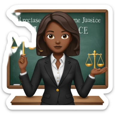 Black teacher/professor looking like the fictional character Annalise Keating from How To Get Away With Murder, holding a statue of justice and with a school black board in the background sticker
