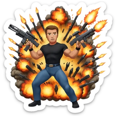 Icon for Action Movies: Arnold Schwarzenegger in the lead role, in an intense action pose with weapons, explosions, and dramatic background. The design should evoke the classic action movie feel with muscle-bound heroes and high-energy sequences. Transparent background. sticker