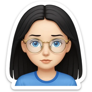 a black haired girl with blue eyes and glasses with blue shirt and long hair and gold glasses kid sticker