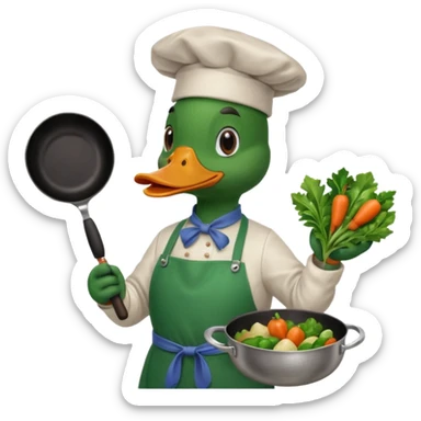 A duck holding a frying pan with vegetables, wearing green apron sticker