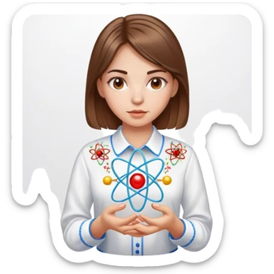 a Ukrainian girl with brown hair in an embroidered shirt and an atom sticker