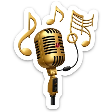 Create a sophisticated and smooth emoji representing jazz vocal performance. The design should feature a stylized microphone, with musical notes swirling around it to convey the fluid, improvisational nature of jazz. Add subtle elements like a vintage microphone stand or a hint of a singer’s silhouette in the background to reflect the live, intimate feel of jazz performance. Use deep, rich colors like gold, black, and burgundy to evoke the classic, smooth vibes of jazz. The background should be transparent. sticker