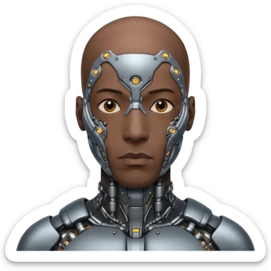 bald black man, vertical half of his face covered in cyborg augmentations sticker