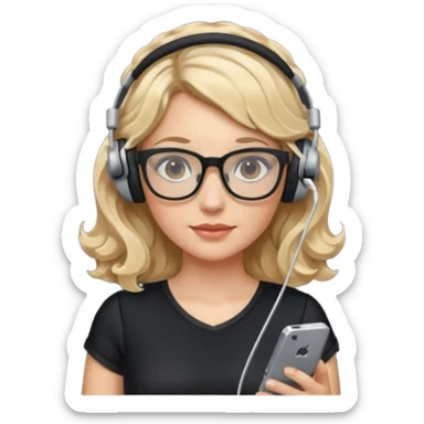 
gamer, woman with blond wavy hair, tight black dress with a white line with glasses, headphone, gamepad sticker