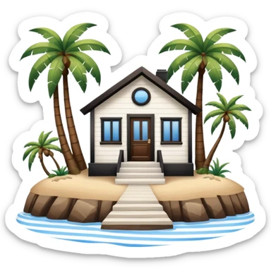 A full square 1 by 1   white and blue stripe house horizontally with brown wooden door on a island with palm trees  sticker