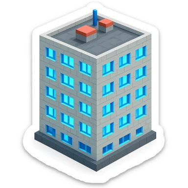 Russian panel apartment building, compact square block, light gray, UV glowing windows, isometric view sticker