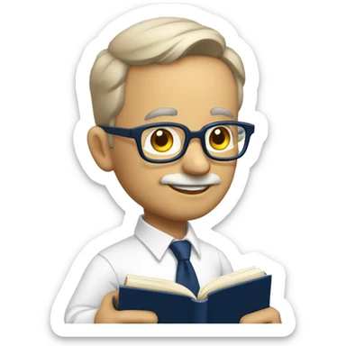A mid aged man with specs white shirt and  navy blue tie reading a  book in hand sticker