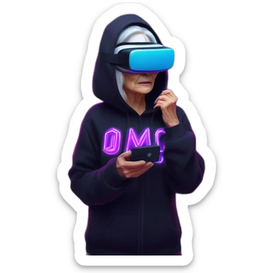 Russian old woman wearing a black hoodie with "OMG" letters on it and VR headset in a cyberpunk VR environment with violet neon lighting. sticker