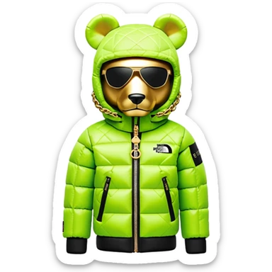 perfectly crafted bearbrick with authentic geometric shape, premium lime balaclava with professionally integrated dark visor lens, Supreme x North Face collaboration puffer jacket with luxurious fur trim, multiple detailed gold chains, ultimate collector's piece sticker
