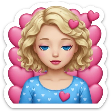 Girl Blonde short wavy hair,  blue eyes, cute blue top, long lashes, pink lips, sleeping eyes closed, hearts  sticker