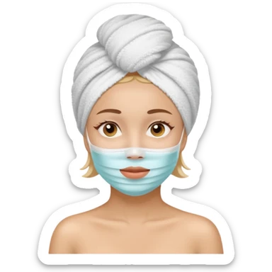 A girl with bath towel on head and mask skincare sticker