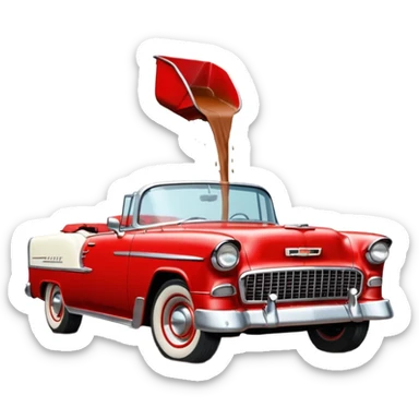 1955 Chevrolet Bel Air Convertible, Red-White color, with a bucket of brown mud pouring down on it, and the car itself is all dirty. 32x32 pixels, aspect ratio: 1:1 sticker