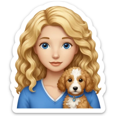 Long blonde hair, blue eyed woman with wavy blond goldendoodle sticker