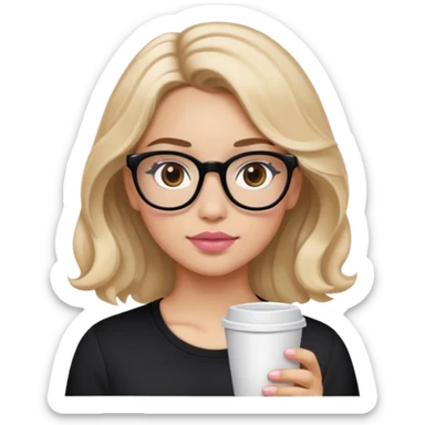 create a girl with light blonde wavy hair and a medium tone skin color. her eyes are almond shaped coffe brown and her eyebrows are brown in colour. she has a medium size nose and light pink thick lips. she is wearing a black top and glasses. sticker