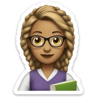 light skin woman brown ponytail no bangs glasses green eyes holding books  sticker