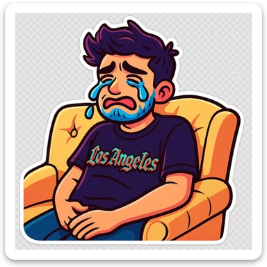 Convert the photo to a cartoon sticker in the style of Flux Pro with a crying expression and transparent background. The style should reflect the vibrant and pop colors typical of Flux Pro cartoon stickers. sticker