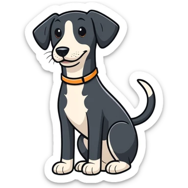 shorthaired black hound dog with white on chest, nose, and paws, full body, happy expression sticker