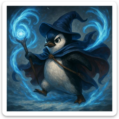 a heroic penguin wizard with a flowing cape, icy blue magic swirling around, dynamic pose sticker