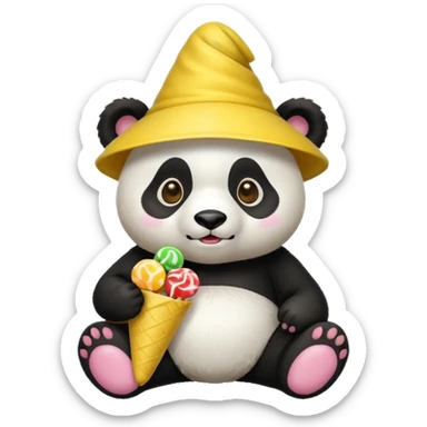 panda with yellow conical hat, candy sticker