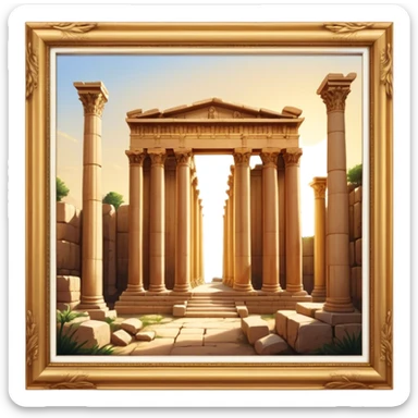 Baalbek temple – Cinematic Realistic Baalbek Temple, depicted as an ancient Roman temple complex with towering columns and intricately carved stone details, bathed in golden sunlight and dramatic shadows that evoke timeless historical grandeur. sticker