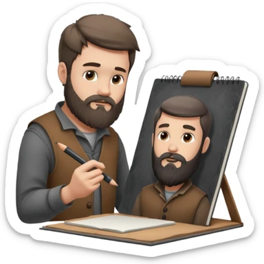 Bearded man  drawing boy character with charcoal in sketchbook sticker