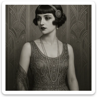 1920s woman, flapper style, short bob haircut, elegant dress, art deco influence, vintage fashion, detailed, elegant sticker