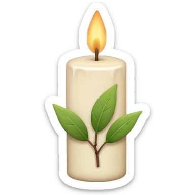 Minimal emoji-style illustration of a candle with a tiny green leaf accent, earthy neutral colors, soft rounded shapes, clean aesthetic look. sticker