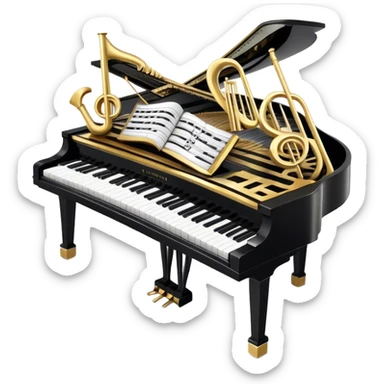 Create an elegant and festive emoji collage representing keyboard instruments, styled like a heraldic emblem. The design should feature a central focal point of black and white piano keys, arranged in a semi-circular or shield-like shape. Around the piano keys, add intertwining musical notes that form flowing ribbons, creating a dynamic and celebratory atmosphere. The design should be professional, with polished silver and gold accents on the keys and notes, highlighting the luxury and sophistication of the instruments. Add subtle shading and lighting effects to give the design a refined, 3D appearance. The background should remain transparent, and the overall feel should evoke grandeur, artistry, and a sense of celebration. sticker