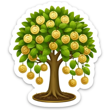 Apple-style money tree (not so mush coins), round soft green canopy.
No pot, no ground — only the tree.
Small gold coins as fruits inside the leaves (not below).
Flat 2D vector, clean shapes, no gradients.
Dark near-black background, premium fintech icon. sticker