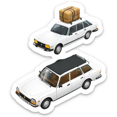 a white peugeot 504 break with few luggage on the roof sticker