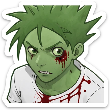 boy zombie emoji with pale whitish green skin, spiky anime hair, blood coming out of eyes, blood on white shirt sticker
