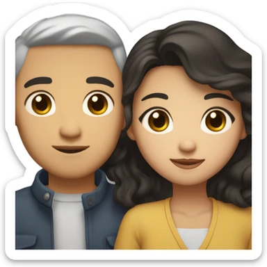 A half pale Asian man with short dark hair and amber eyes embracing and loving a half Asian woman with long wavy dark hair and dark hazel eyes. They love each other a lot And have good fashion taste and are hugging each other tight  sticker