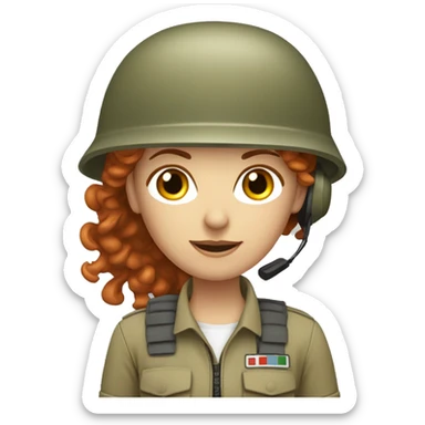 operator dressed in khaki color with a milatary helmet, without glasses, with headset, preferably curly redhead female sticker