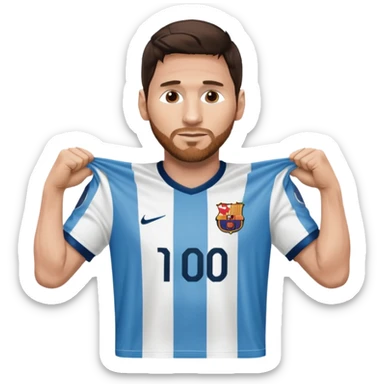 Lionel Messi holding up his own shirt sticker