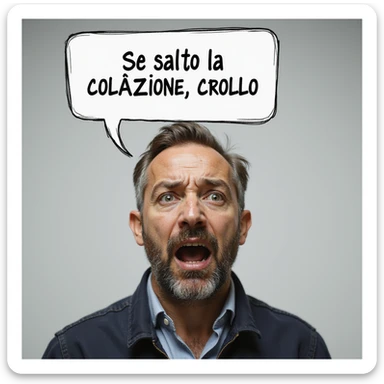 hyperrealistic 4K man isolated on white background with a speech bubble saying 'Se salto la colazione, crollo', worried expression, realistic details sticker