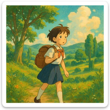 a student travelling, ghibli-inspired style sticker
