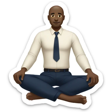 man meditating sitting down with cream dress shirt and navy blue pants  sticker